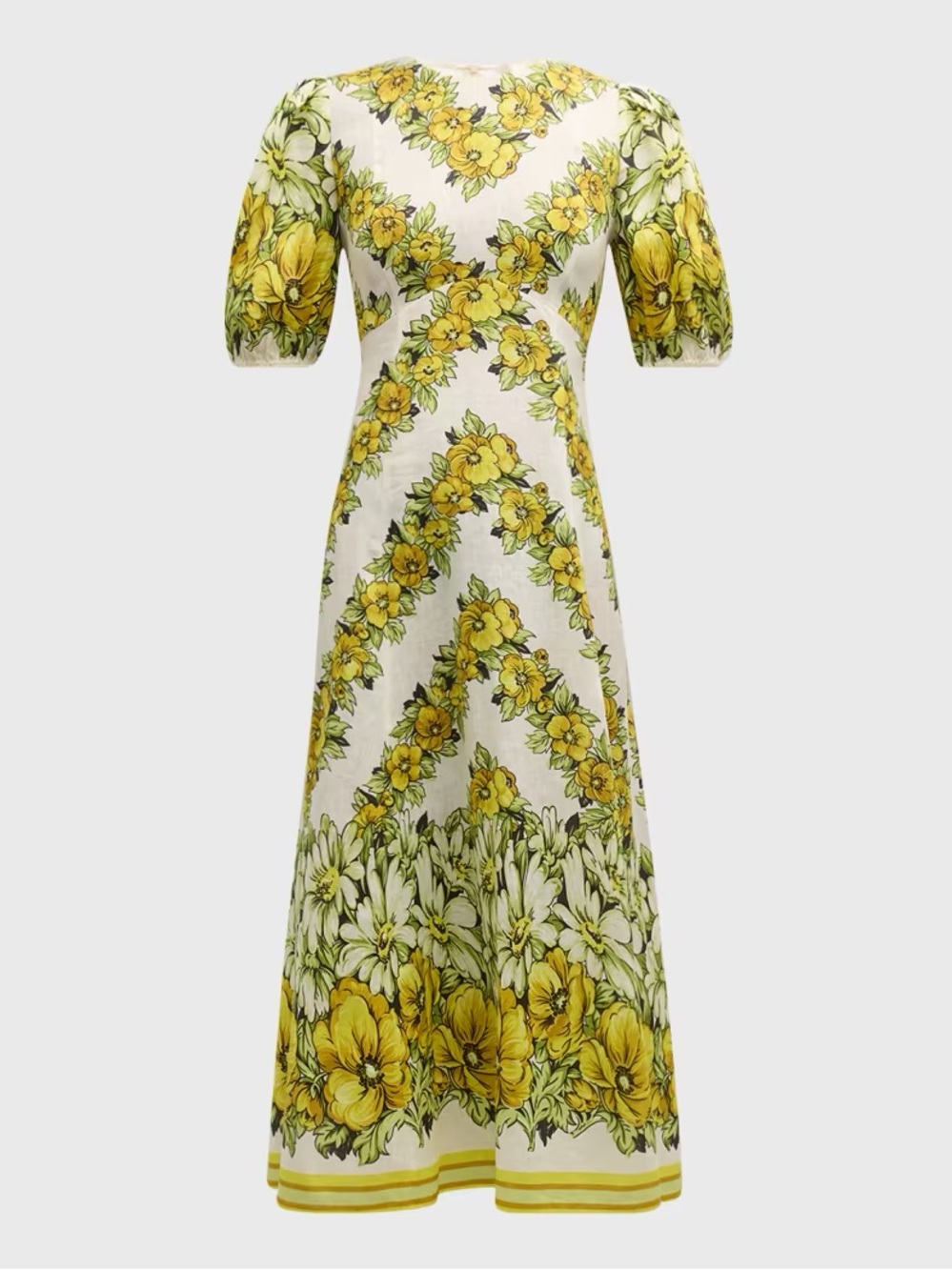 Alemais Yellow Gisela Floral Midi Dress with Puff Sleeves